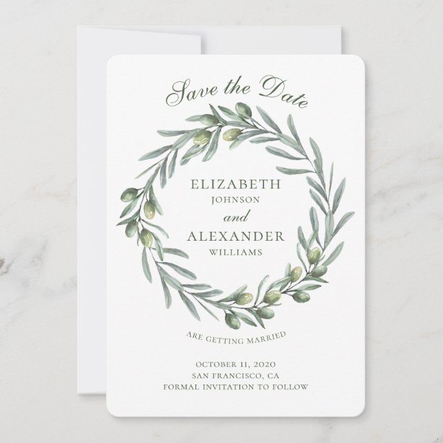 Olive leaves wreath. Italian wedding save the date Invitation (Front)