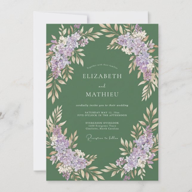 Olive Lilac Sprig Grey Eucalyptus Wedding Invitation (Front)
