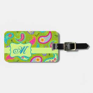 Olive Lime Green Modern Paisley Pattern Monogram Luggage Tag