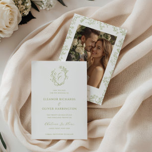 Olive Line Art Floral Monogram Crest Wedding Save The Date