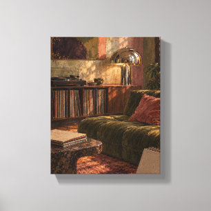 Olive Listening Room with Chrome Lamp Retro Inte Canvas Print