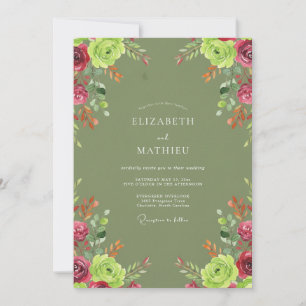 Olive Magenta Rose Wedding Invitation
