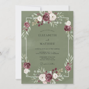 Olive Maroon Peony Wedding Invitation