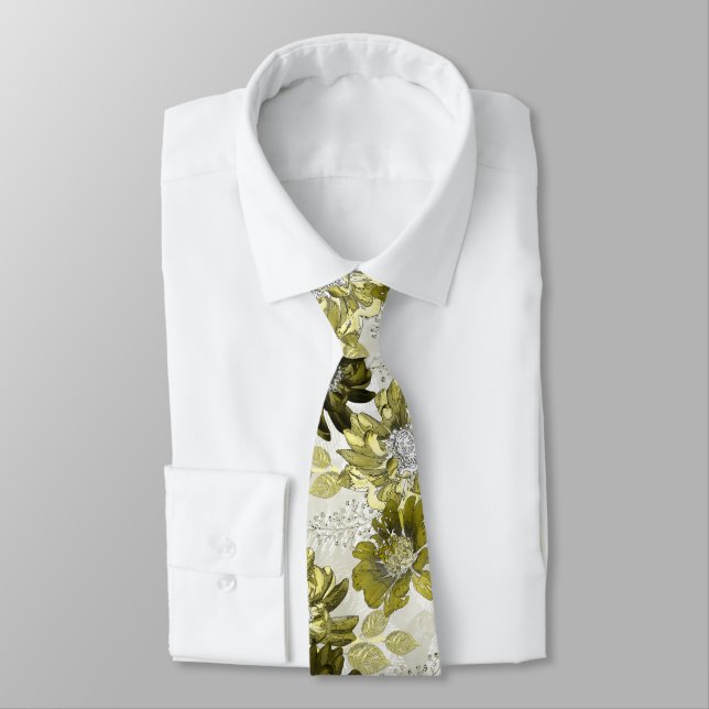 Olive, marsh flowers on a light grey  tie (Tied)
