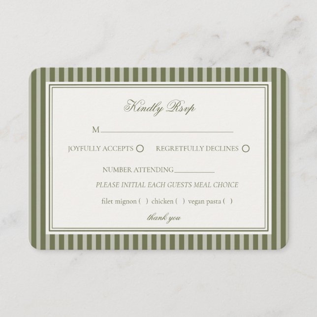 Olive Martini Green Old Money Striped Wedding RSVP Enclosure Card (Front)