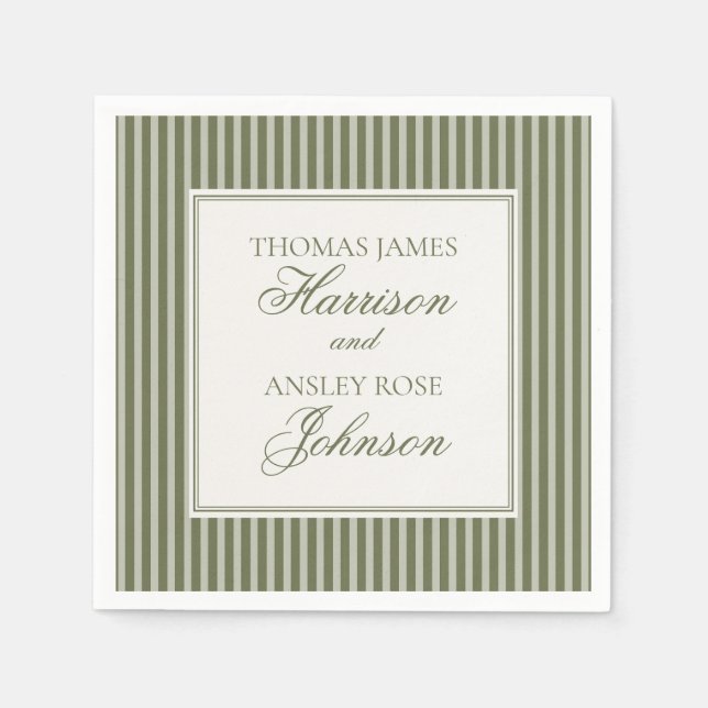 Olive Martini Old Money Striped Wedding Napkin (Front)