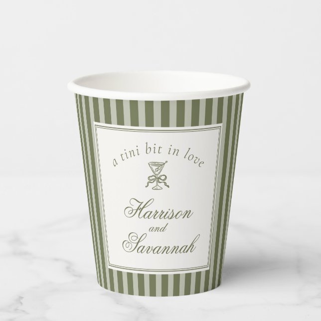 Olive Martini Old Money Striped Wedding Paper Cups (Front)