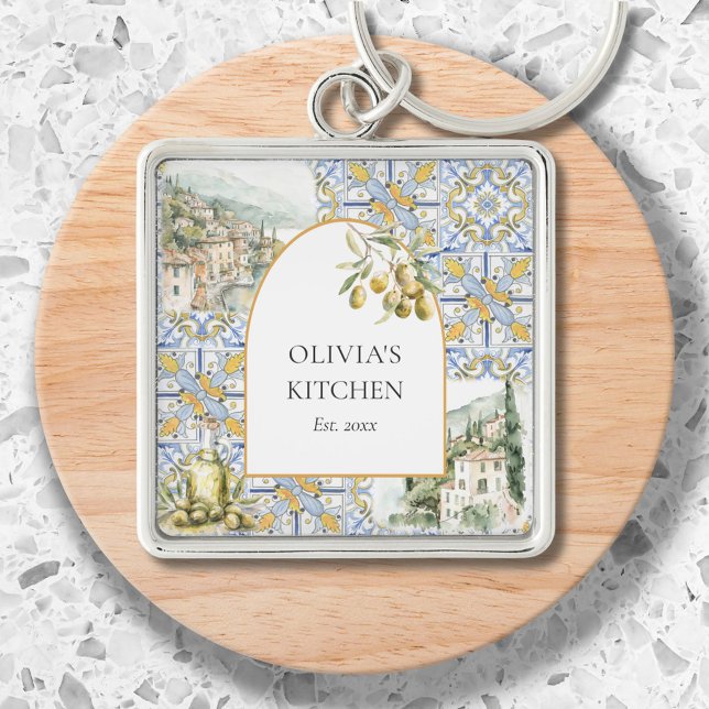 Olive Mediterranean Botanical Yellow Blue Key Ring (Close up)