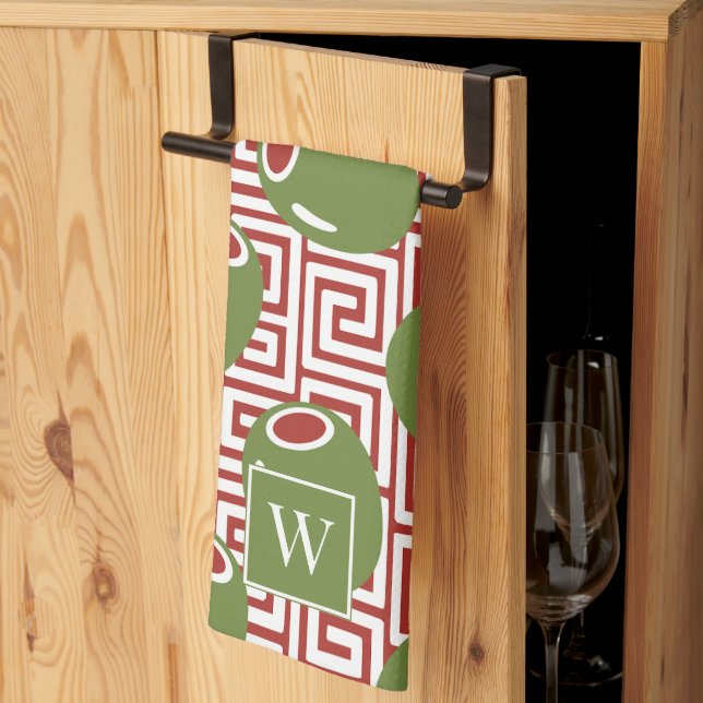 Olive Mediterranean Greek Key  Tea Towel (Thirds Fold)