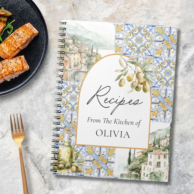 Olive Mediterranean Tile Pattern Cooking Recipe Notebook (In situ)