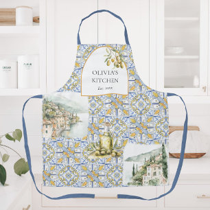 Olive Mediterranean Yellow Blue Tile Pattern Apron