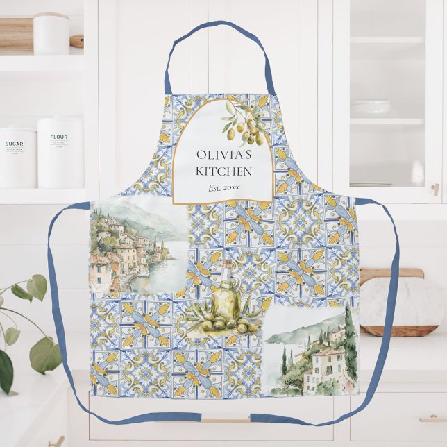 Olive Mediterranean Yellow Blue Tile Pattern Apron (In situ)