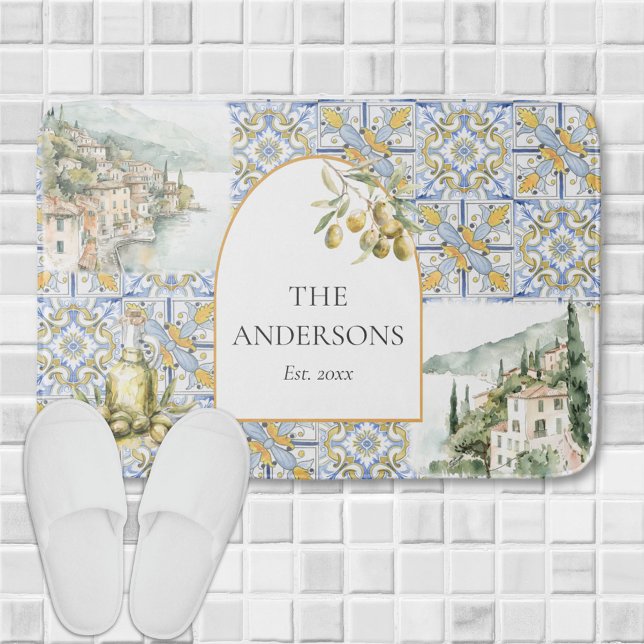 Olive Mediterranean Yellow Blue Tile Pattern Bath Mat (In situ)