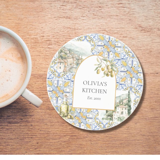 Olive Mediterranean Yellow Blue Tile Pattern Coaster (In situ)