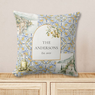 Olive Mediterranean Yellow Blue Tile Pattern Cushion