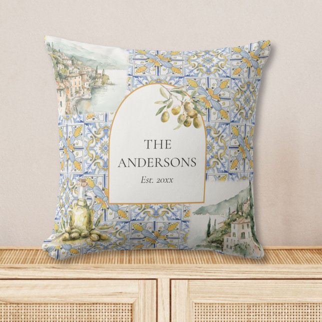 Olive Mediterranean Yellow Blue Tile Pattern Cushion (In situ)