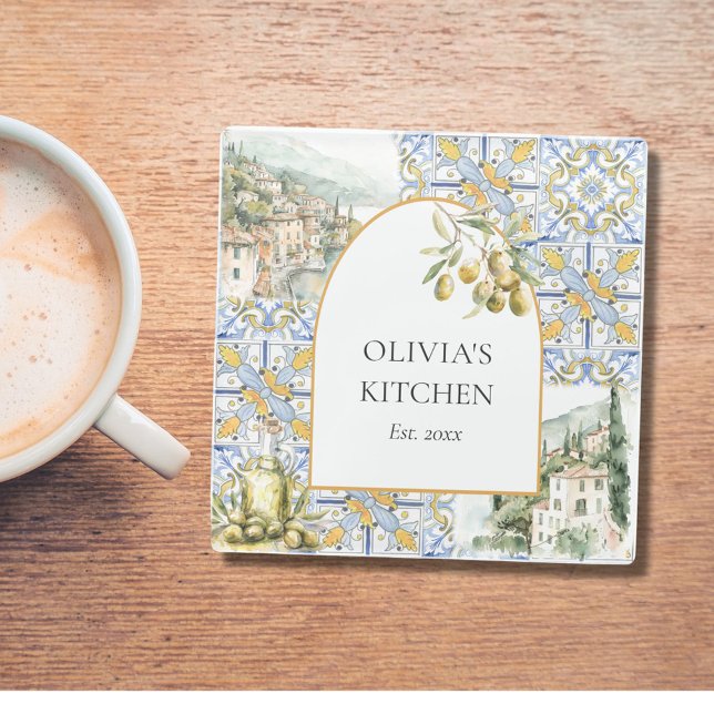 Olive Mediterranean Yellow Blue Tile Pattern Glass Coaster (In situ)