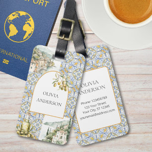 Olive Mediterranean Yellow Blue Tile Pattern Luggage Tag