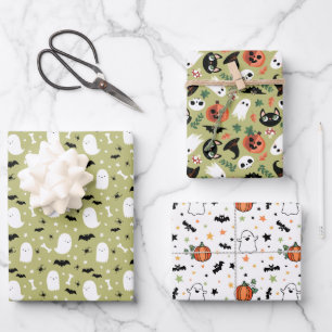 Olive Mixed Halloween Patterns Ghost Pumpkins Bats Wrapping Paper Sheet