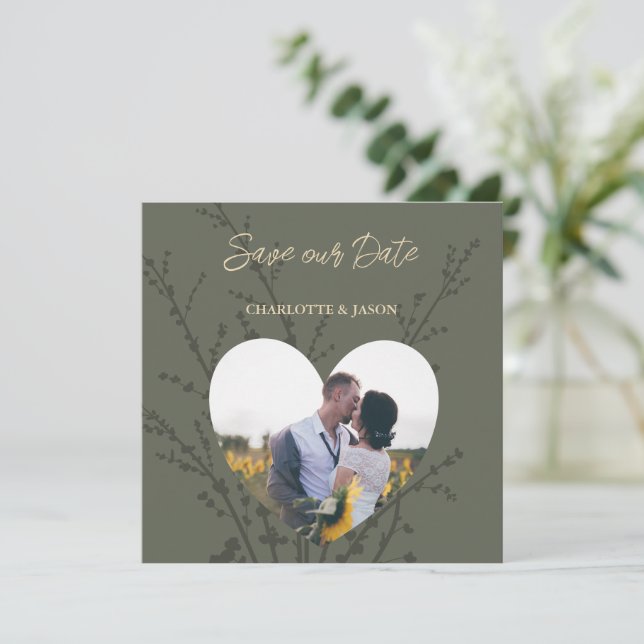 Olive Modern Photo Heart Frame Save The Date     (Standing Front)