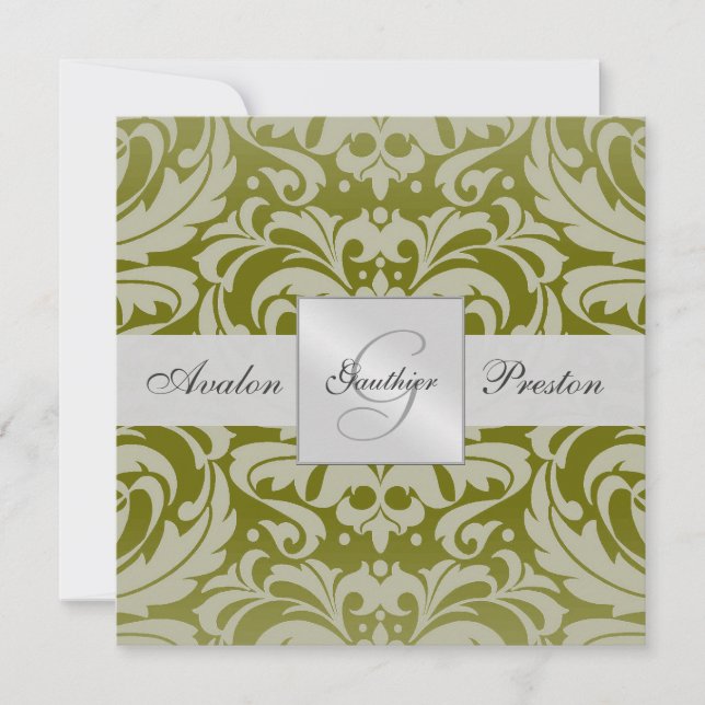 Olive Monogram Damask Wedding Invitation (Front)