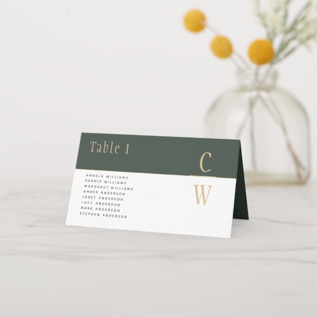 Olive Moss Green Gold Wedding TABLE Number Names P Place Card (Front)