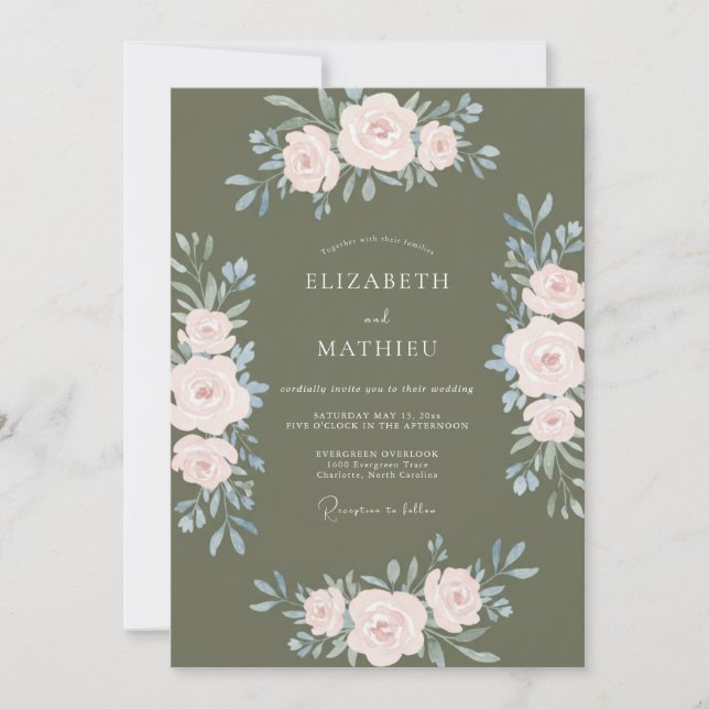 Olive Muted Petal Wedding Invitation (Front)