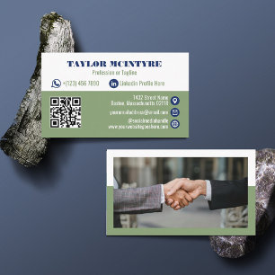Olive & Navy Blue Professional Icons QR Code Business Card