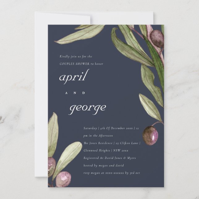 OLIVE NAVY RUSTIC FOLIAGE COUPLES SHOWER INVITE (Front)