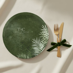 Olive Oasis Palm Leaves on Slate ID1324 Paper Plate