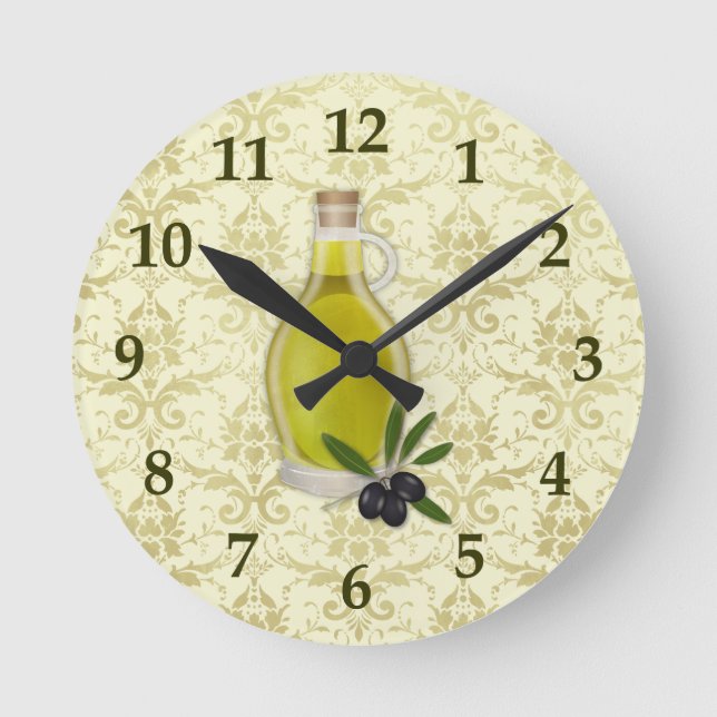 Olive Oil Bottle and Damask Pattern Round Clock (Front)
