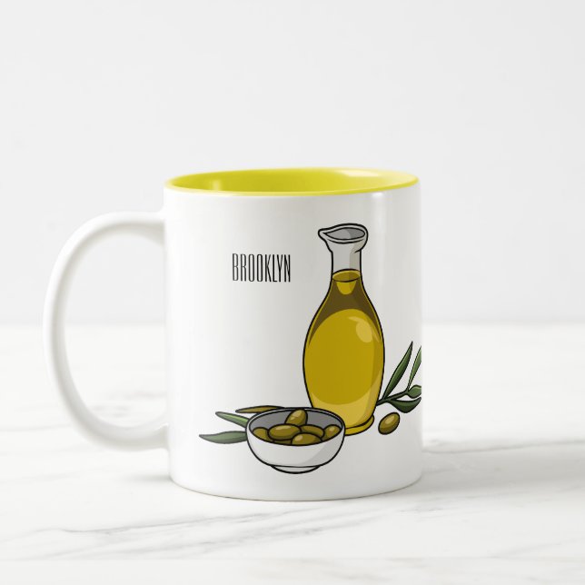 Olive oil cartoon illustration  Two-Tone coffee mug (Left)