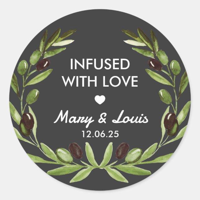 Olive oil Infused with love Wedding Favour sticker (Front)