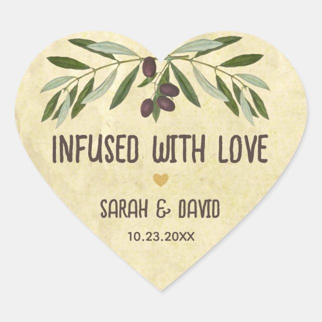 Olive Oil Rustic Wedding Heart Infused with Love Heart Sticker (Front)
