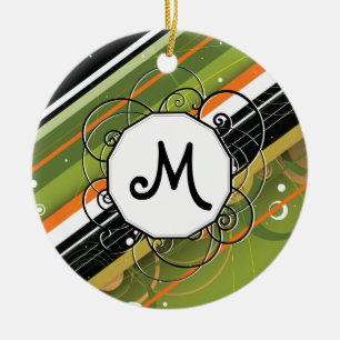 Olive & Orange Modern-Retro Stripes with Monogram Ceramic Tree Decoration