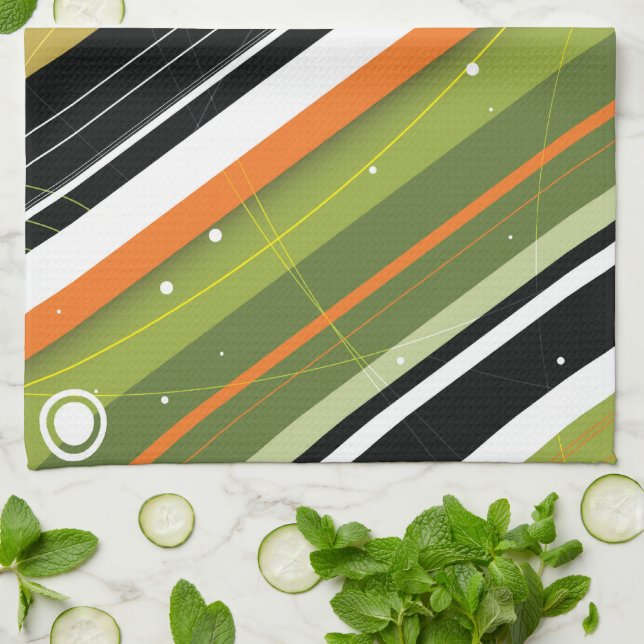 Olive & Orange Modern-Retro Stripes with Monogram Tea Towel (Folded)