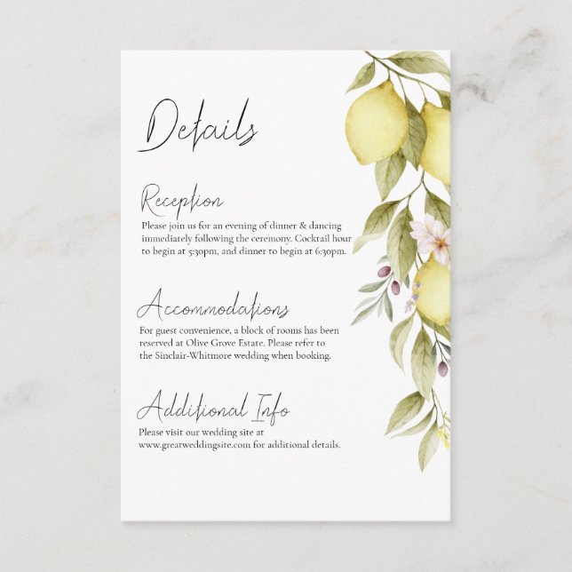 Olive Orchard Wedding Details Card (Front)