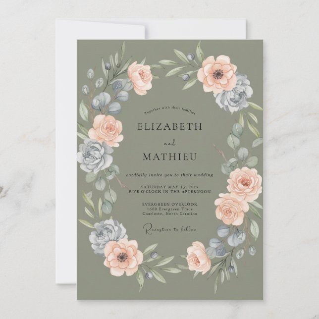 Olive Peach Ranunculus Eucalyptus Wedding Invitation (Front)