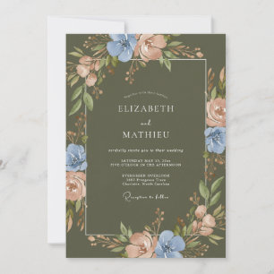 Olive Periwinkle Ranunculus Eucalyptus Wedding Invitation