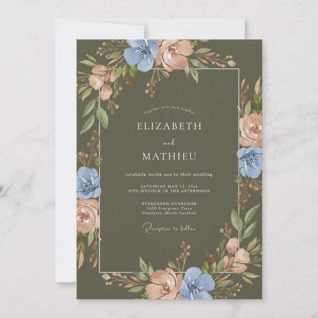 Olive Periwinkle Ranunculus Eucalyptus Wedding Invitation (Front)