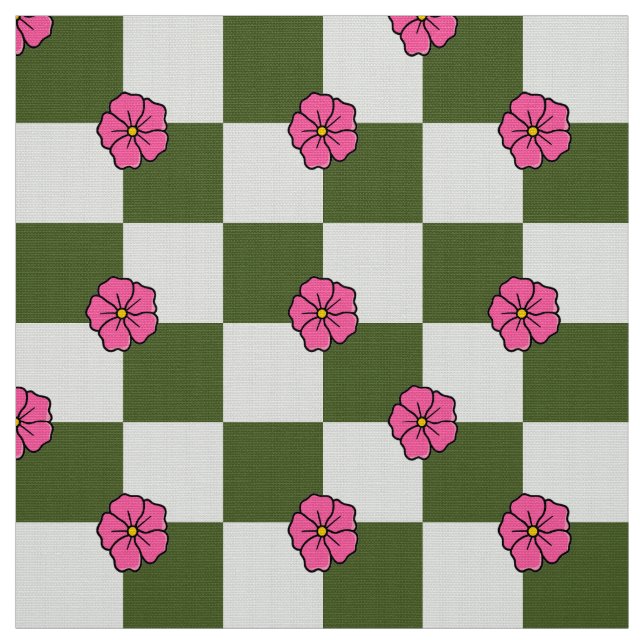 Olive Pink Floral Chequerboard Polyester Fabric (Swatch)