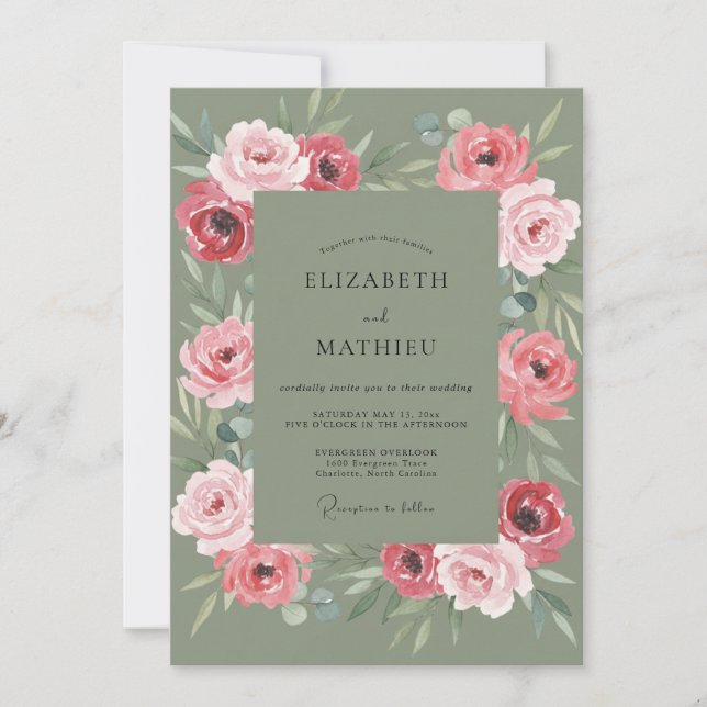 Olive Pink Leafy Wedding Invitation (Front)