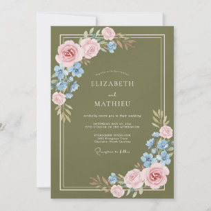 Olive Pink Ranunculus Eucalyptus Wedding Invitation