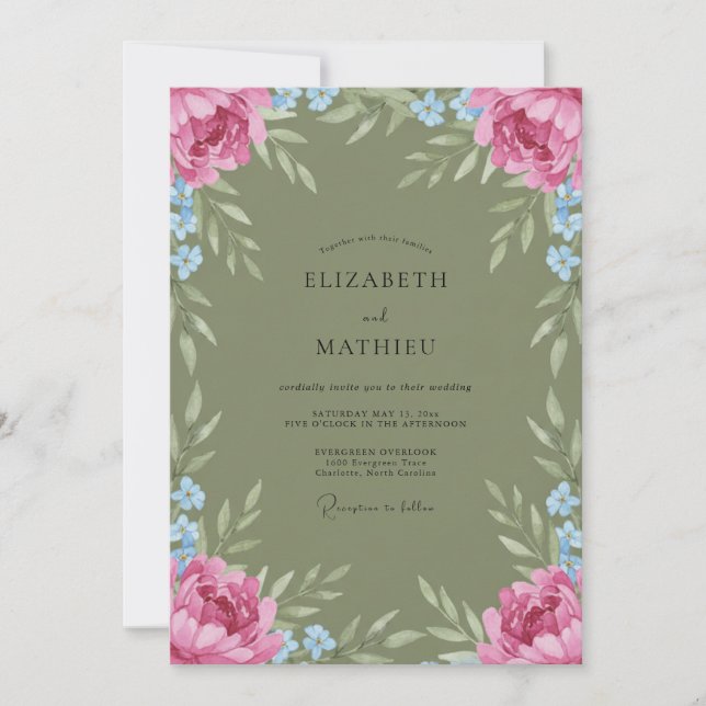 Olive Pink Watercolor Wedding Invitation (Front)