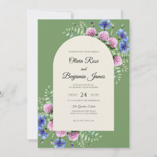 Olive Purple Zinnia Eucalyptus Wedding Invitation