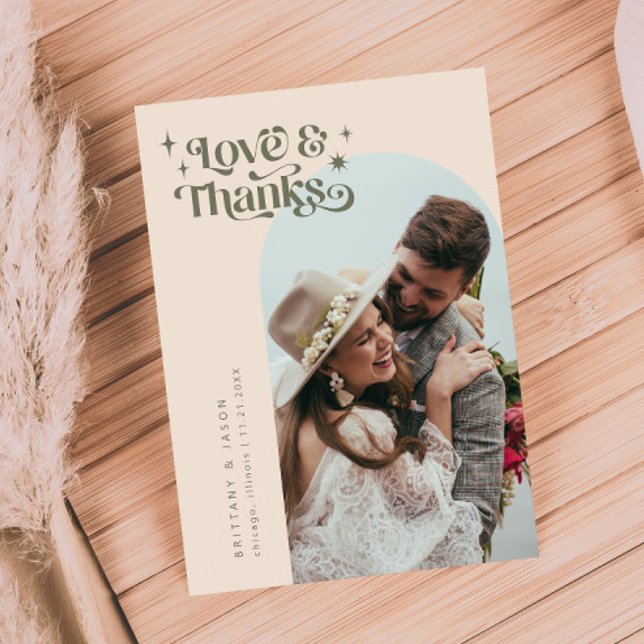 Olive Retro Love & Thanks White Arch Wedding   Thank You Card (Creator Uploaded)