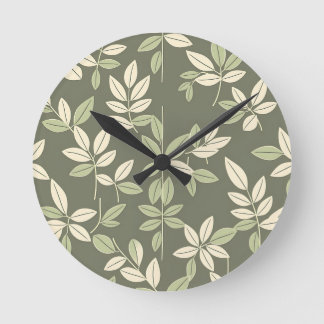 Olive Sage Botanical Leaves Pattern Round Clock