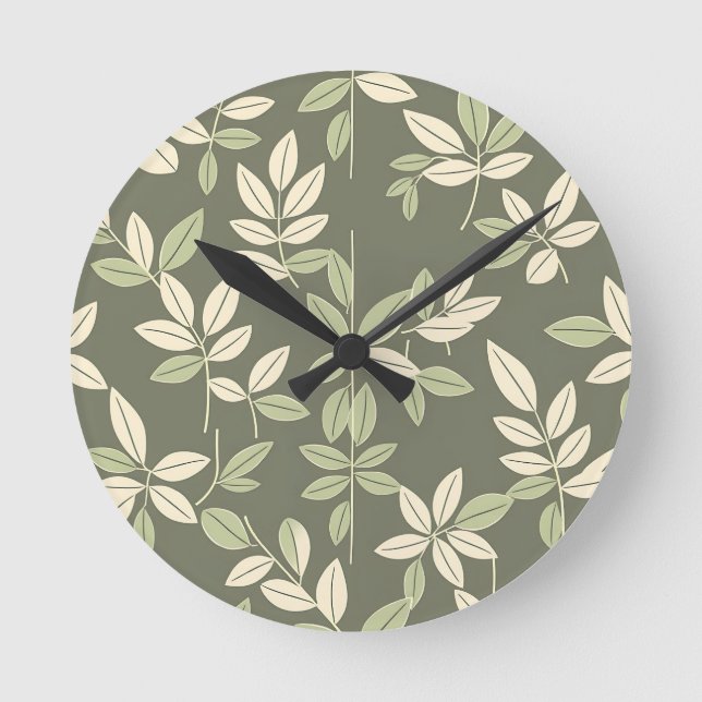 Olive Sage Botanical Leaves Pattern  Round Clock (Front)