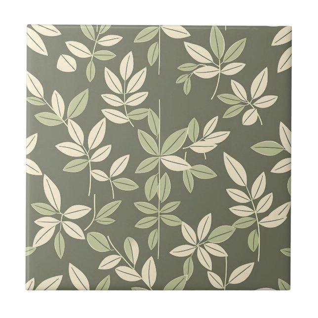 Olive Sage Botanical Leaves Pattern  Tile (Front)