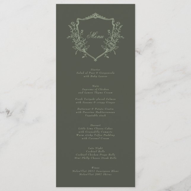 olive sage Crest Classic Elegant Wedding Menu (Front)